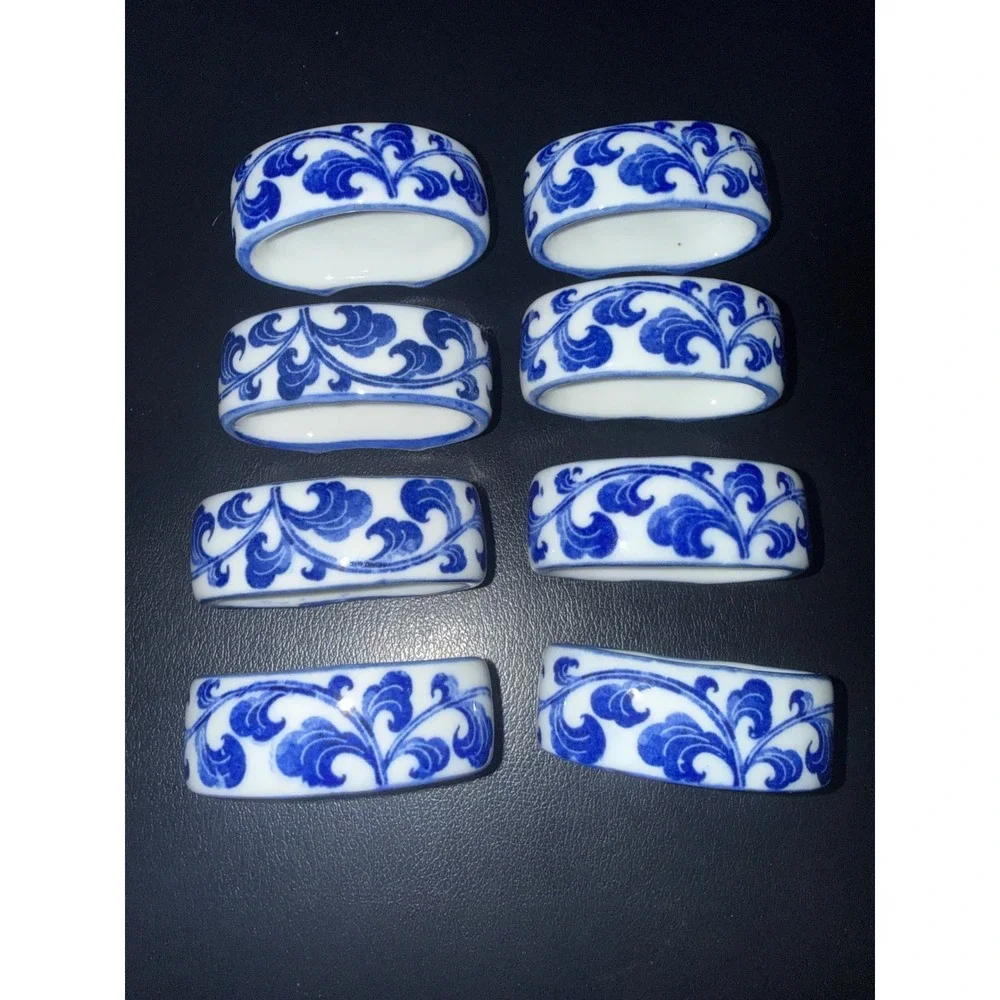 Andrea by Sadek Blue and White Porcelain Napkin Ring Set of 8 Floral Chinoiserie